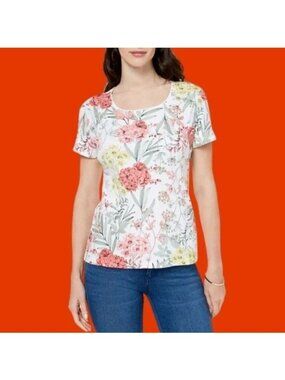 Karen scott  short sleev floral top background pink/green opetite smalll